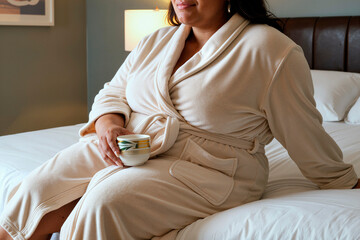 Adult Black woman sitting on bed holding cup, wearing bathrobe, relaxing in bedroom, partial body , neutral expression, morning routine concept, home interior