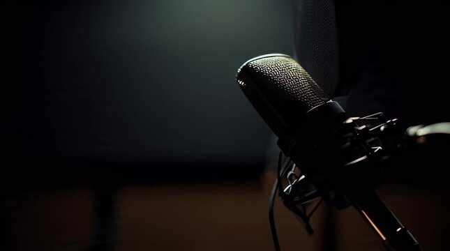 A microphone is positioned on a stand in a dimly lit recording studio environment viewed from a low angle