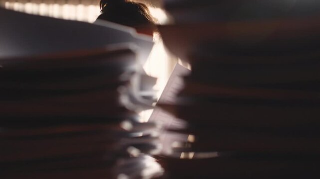 Overwhelmed businesswoman surrounded by stacks of paperwork in office