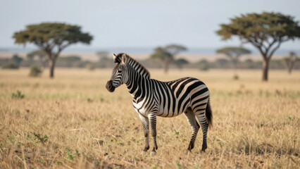 Obraz premium A Lone Zebra Standing In A Dry Savannah Grassland With Scattered Trees And A Clear Sky