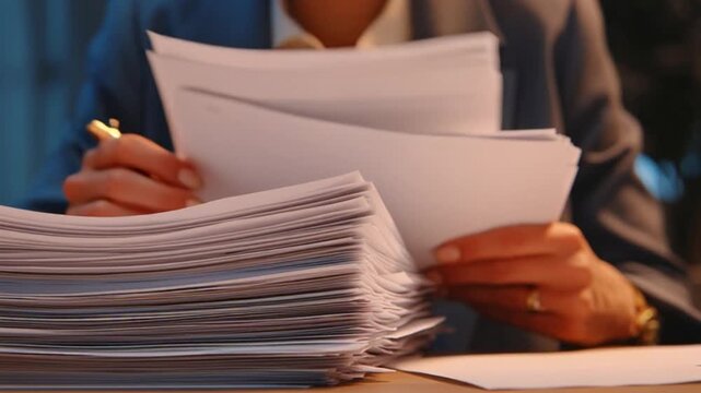 Businesswoman reviewing documents at her desk with a stack of papers