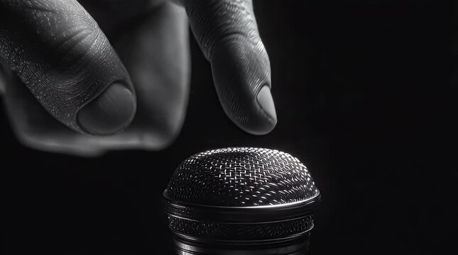 A hand reaching towards a microphone on a dark reflective surface captured in a monochrome close-up shot