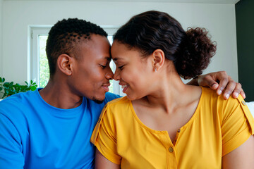 Young Black man and young Black woman sitting closely, touching foreheads and smiling with eyes closed, showing affection and connection in home interior setting