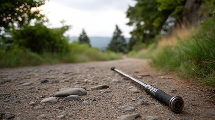 A metal trekking pole lies on a gravel path with a blurred background of trees and hills