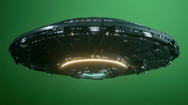 Advanced unidentified flying object in smooth rotation on green screen backdrop