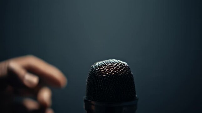 A hand reaches out to grasp a microphone in a dimly lit environment from a close-up viewpoint