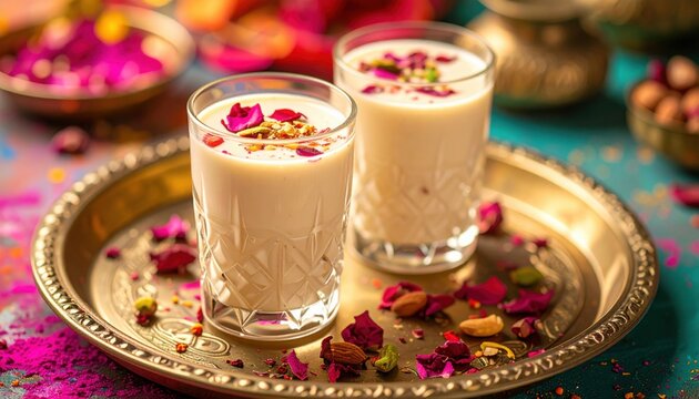 Two glasses of traditional thandai topped with rose petals and nuts sit on golden tray during Holi festival celebration