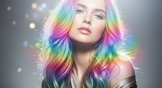 Woman with rainbow hair in vibrant colorful style with soft pastel lighting on gray background for beauty advertisement
