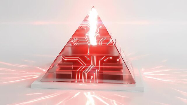 Translucent crystal pyramid processor glowing with pulsating red circuitry on a white background, symbolizing a powerful quantum AI core or system alert.
