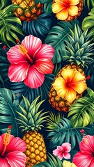 Fototapeta premium Vibrant tropical pattern featuring pineapples, hibiscus, and lush green leaves