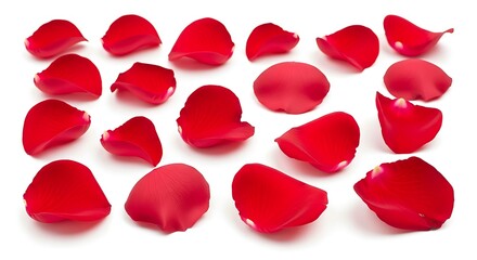 Red rose petals scattered on white background for romantic and decorative purposes in a beautiful arrangement