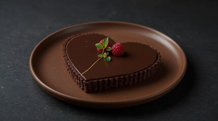 Heart-Shaped Chocolate Tart with Raspberry on Dark Plate