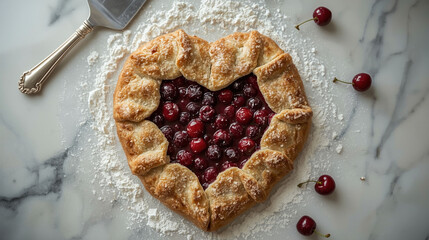 Heart-Shaped Cherry Galette on Marble Surface