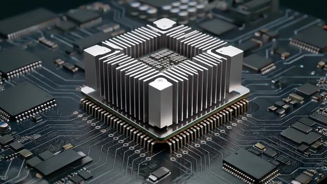 Older computer processor evolving into a glowing cyan energy core, symbolizing next generation computing power and advanced technology.