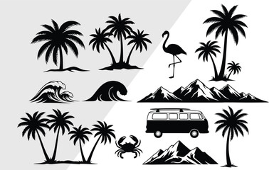 Fototapeta premium Summer Travel Vector Silhouettes Set: Palm Trees, Ocean Waves, Mountains, Flamingo, Crab, Camper Van Icons isolated on white