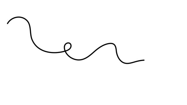 Scribbly stroke one line art animation, hand drawn wavy curly dividing element continuous drawing contour motion. Twiddle swirl separator curve strip with volutes and tendril outline video. 4k