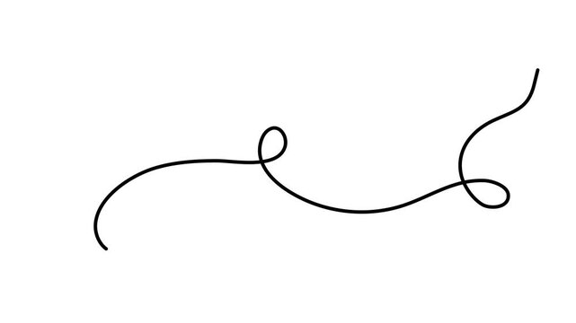Scribbly stroke one line art animation, hand drawn wavy curly dividing element continuous drawing contour motion. Twiddle swirl separator curve strip with volutes and tendril outline video. 4k