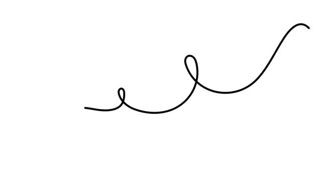 Scribbly stroke one line art animation, hand drawn wavy curly dividing element continuous drawing contour motion. Twiddle swirl separator curve strip with volutes and tendril outline video. 4k