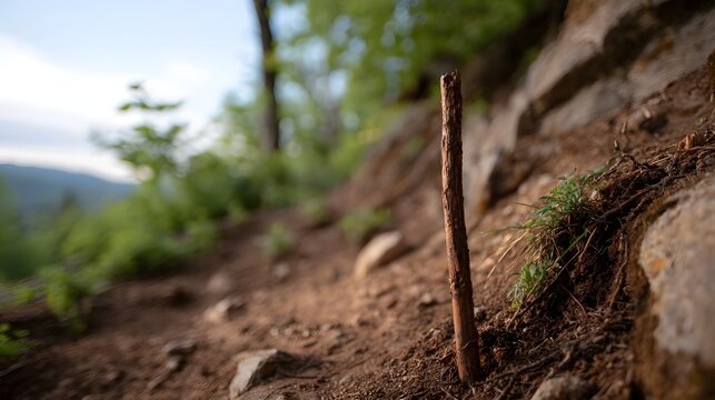 A wooden stick marking a steep rocky hiking trail with a blurred natural landscape background