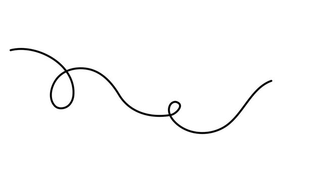 Scribbly stroke one line art animation, hand drawn wavy curly dividing element continuous drawing contour motion. Twiddle swirl separator curve strip with volutes and tendril outline video. 4k