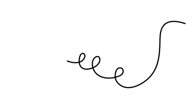 Scribbly stroke one line art animation, hand drawn wavy curly dividing element continuous drawing contour motion. Twiddle swirl separator curve strip with volutes and tendril outline video. 4k