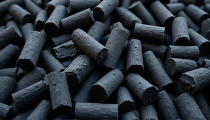Close-up full frame texture of activated carbon pellets or charcoal briquettes background used for filtration and purification.