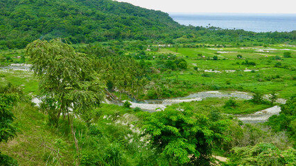 Green tropical valley with a winding river flowing to the sea. Lush hills, palms and farmland surround a river delta by the ocean coast.