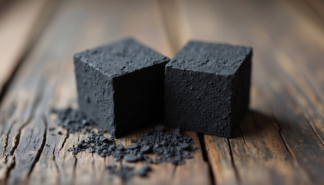 Two dark, textured charcoal cubes resting on rustic wooden planks with scattered carbon powder, macro shot showing porous surface.