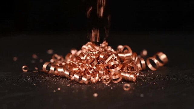 Copper bullets falling on a dark surface creating a pile.