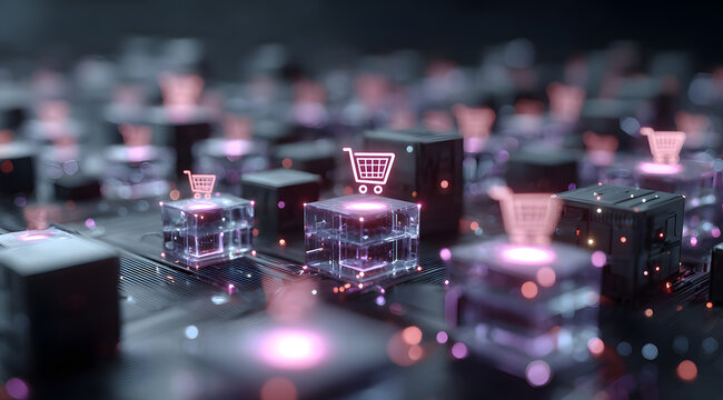 Digital ecommerce network with connected users and shopping cart icons inside data servers, representing online commerce, customer connections, data flow, technology driven retail systems.