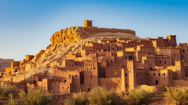 Ancient Moroccan Kasbah Ait Benhaddou, UNESCO World Heritage Site, Clay Architecture, Desert Fortress, Cinematic Landscape, Travel Photography