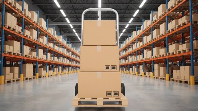 A bright, modern warehouse interior with long rows of shelves filled with cardboard boxes, featuring a hand truck carrying three stacked packages in the center aisle.