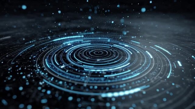 Futuristic digital ripple effect with glowing blue circuits and data points