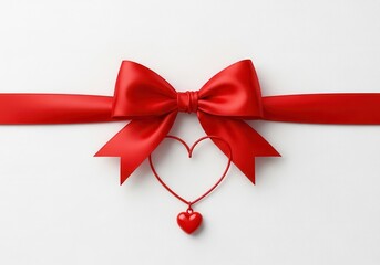 Vibrant red satin ribbon tied into a bow with a delicate heart pendant suspended below it against a white background