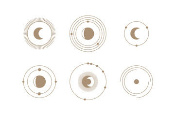 Vector set of mystical esoteric elements: sun, moon, eclipse. Vector element for astrology, alchemy and spiritual designs.