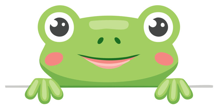 Cute cartoon frog peeking over a ledge with big eyes and a happy smile