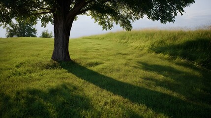 Fototapeta premium A solitary tree casts a long shadow across a sun drenched grassy meadow under a clear sky
