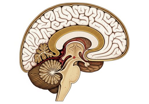 Detailed sagittal cross section illustrates complex structures within the human central nervous system