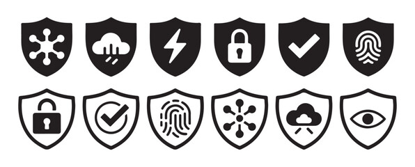 Biometric fingerprint and energy protection shield icons, digital security set. vector illustration eps 10