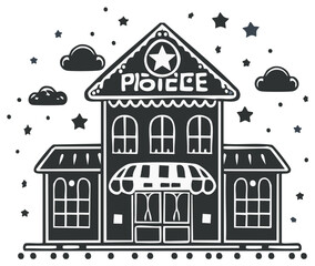 Fototapeta premium Whimsical Police Station Building Illustration with Clouds and Stars