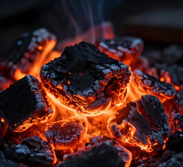 Full background of black charcoal with red-hot cracks, high contrast glow, ultra detailed texture