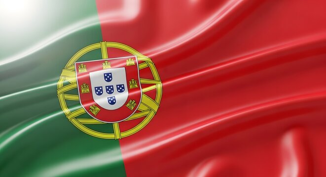 Vibrant and glossy waving flag of Portugal, showcasing its distinctive green and red colors with the national coat of arms.