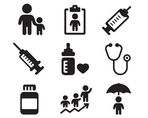 Set of black and white pediatric and infant healthcare icons representing wellness vaccination and child development concepts in a grid