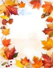 Fototapeta premium Watercolor autumn leaves frame a white open space