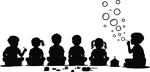 Silhouette of children sitting together while one child blows soap bubbles, playful childhood concept, kids imagination, friendship, creativity, learning, fun activity isolated on white background © Sawda's World