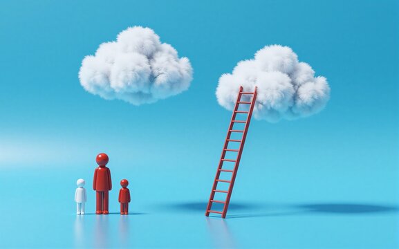 Red figure stands beside ladder leading to fluffy cloud, two white figures nearby.