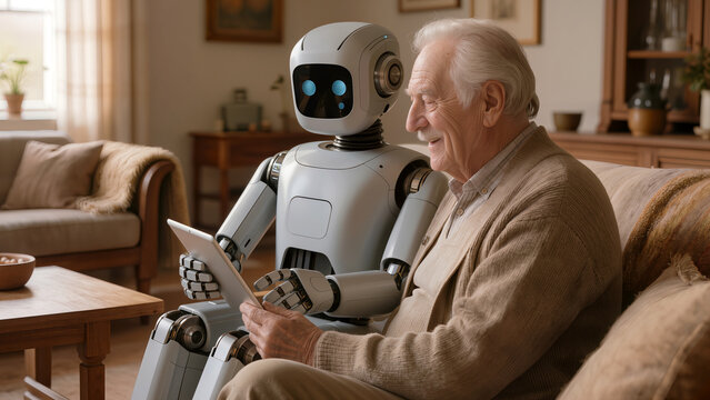 Senior white man using tablet together with humanoid robot while sitting on sofa at home. Concept of digital assistance, remote communication, and ai supported independent living
