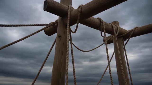 Rustic wooden frame and rope knots under a dramatic stormy sky