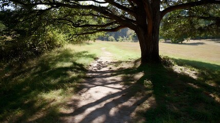 Fototapeta premium A peaceful dirt path winds through a sunlit meadow shaded by the branches of a large mature tree creating a serene natural landscape