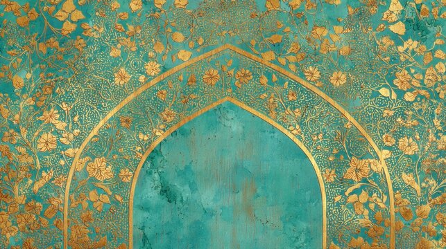 Golden floral pattern forming an arch on a teal background. Ornate Islamic art inspiration for Ramadan, Eid, or wedding invitation card.